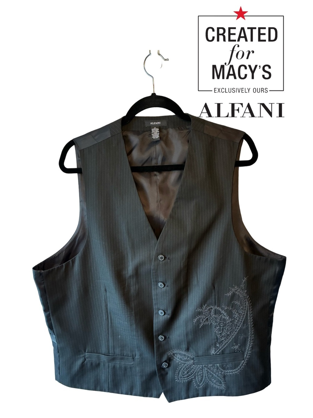 Alfani Men's Dark Charcoal Pinstripe Vest with Exquisite Paisley Embroidery